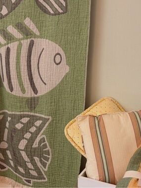 Outdoor Accent Pillow + Spring Green + Gray Fish Beach Towel Set of 2 NEW